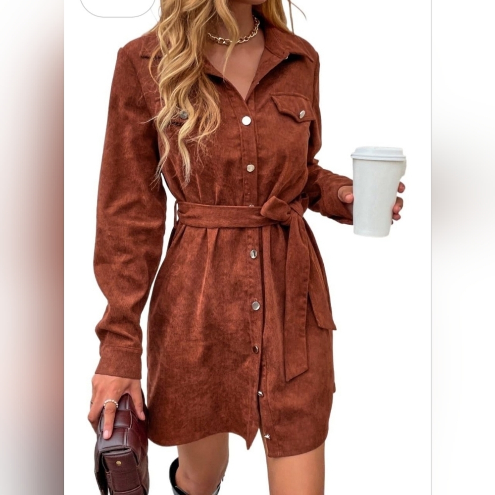 Shein Brown Corduroy Belted Button-down Longsleeve Dress Shirt